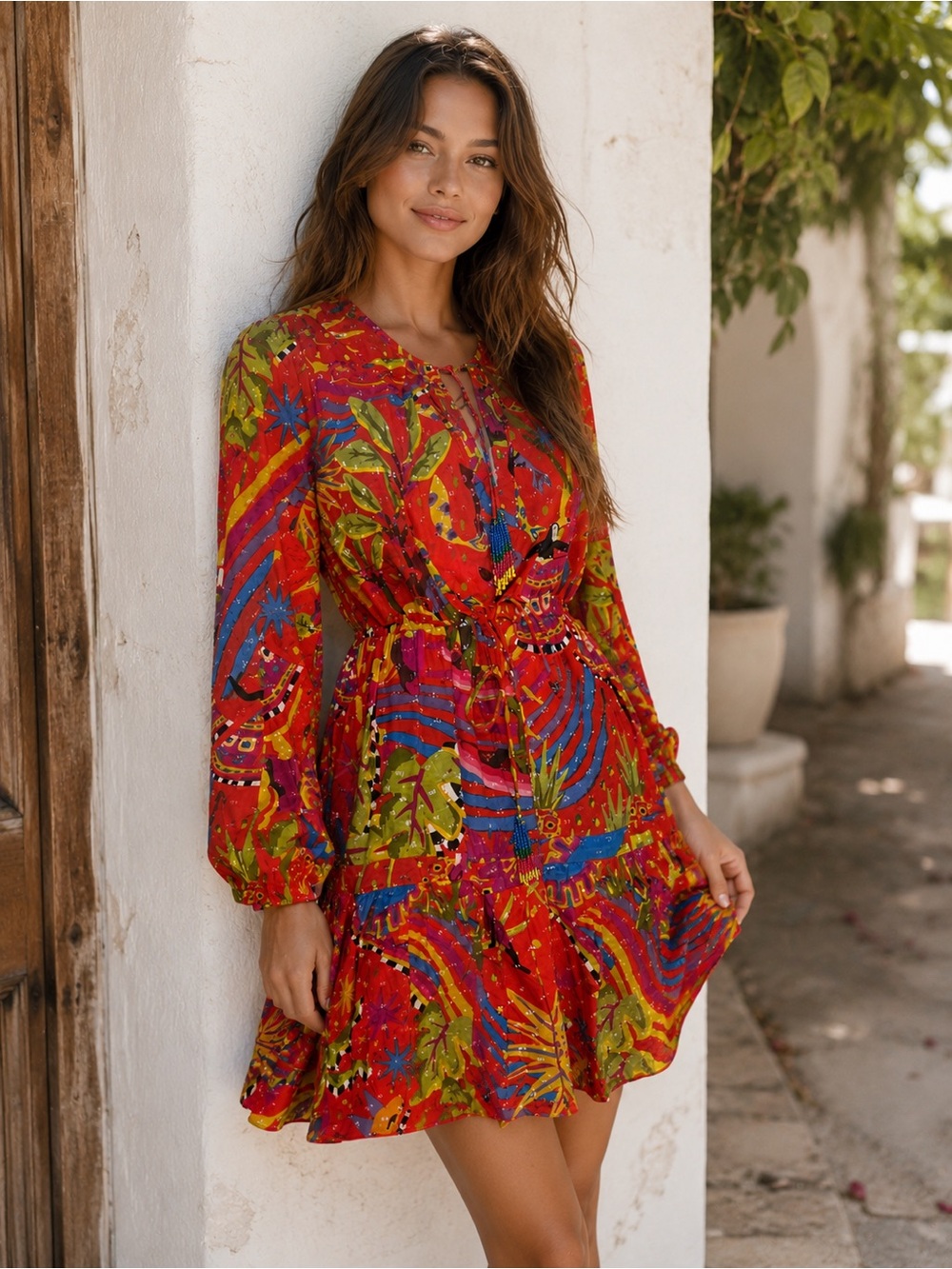FARM Rio Magic Forest Mini Dress Dress  Tie Waist Long Sleeve Size Large NWOT